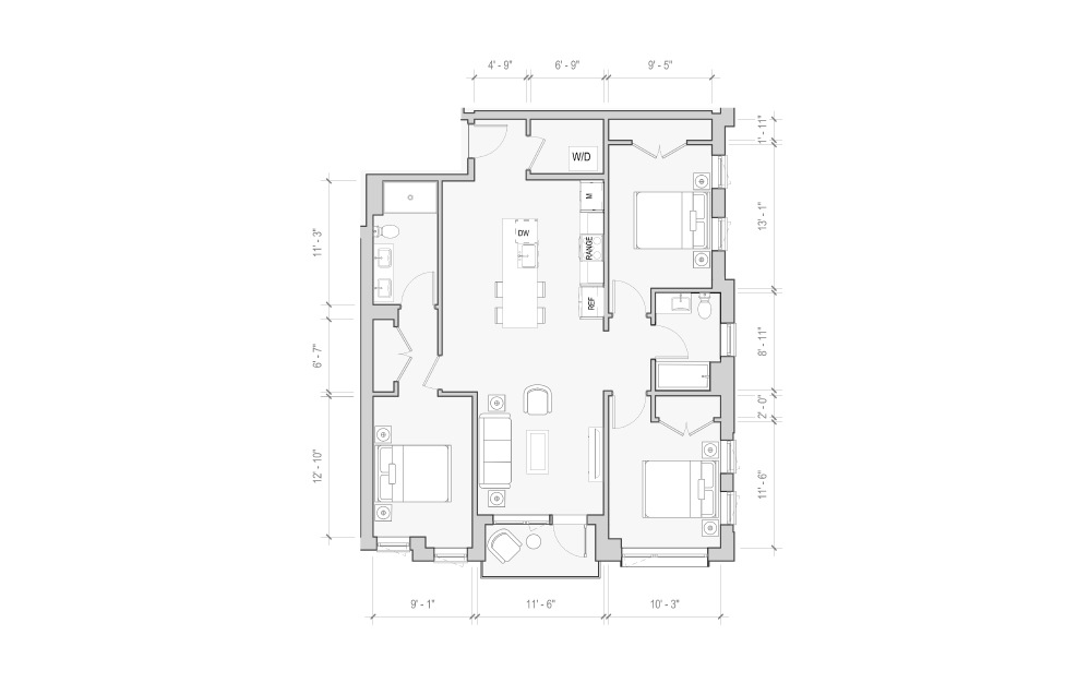 Beryl - Pearl - 3 bedroom floorplan layout with 2 baths and 1258 square feet.