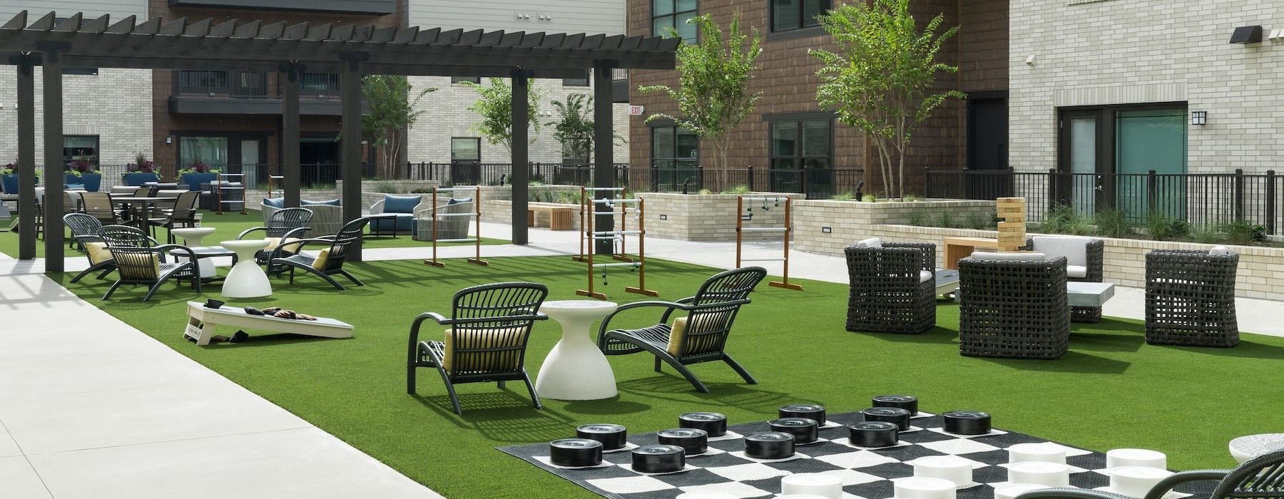 outside courtyard with ample seating and closeness to other amenities
